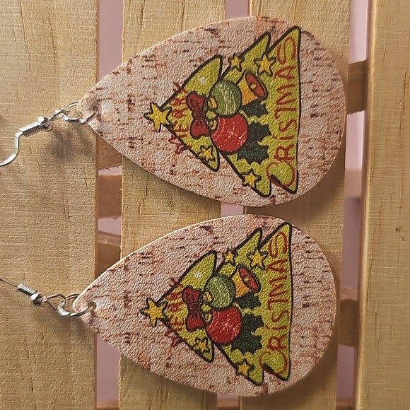 Faux Leather Christmas Teardrop Earrings - Picture 2 of 3